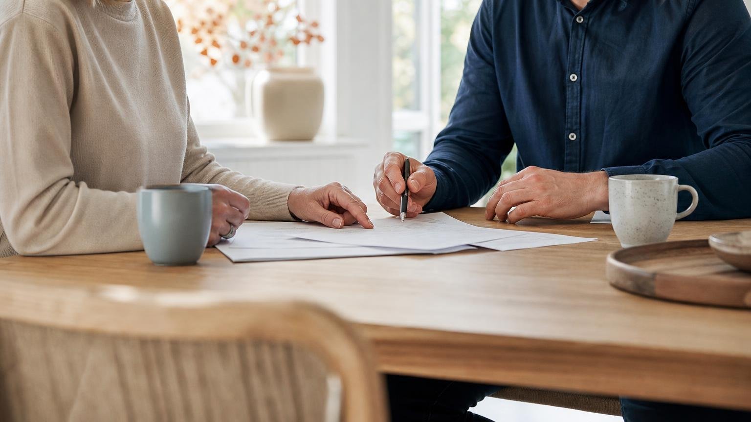 To personer gennemgår dokumenter om 30 % reglen: Sådan mindsker du arveafgiften ved et bord.