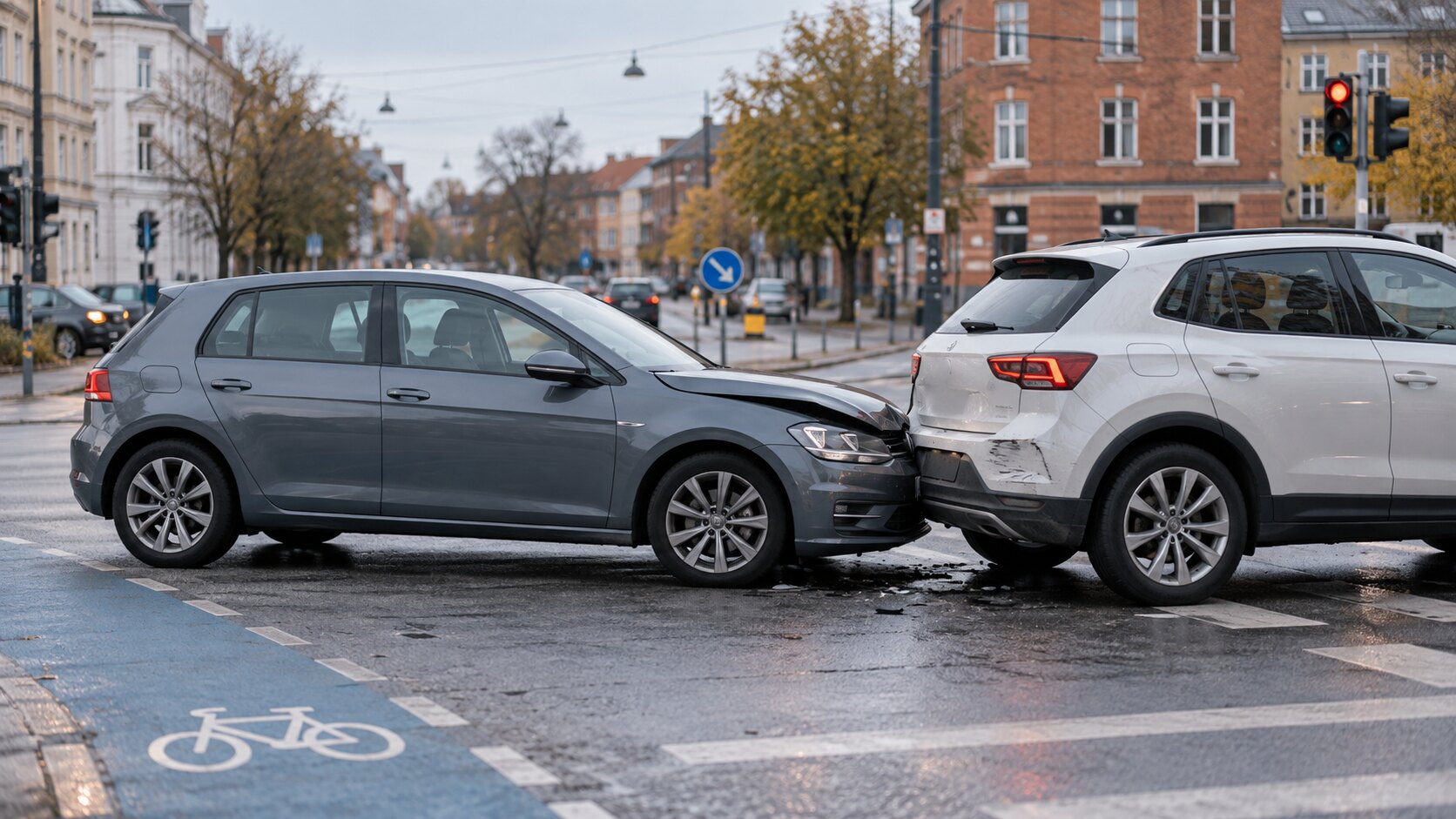To biler efter et mindre færdselsuheld i et dansk vejkryds – ansvar efter færdselsloven.