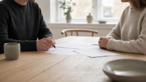 To personer gennemgår dokumenter om Reglerne for skilsmisse ved et bord.