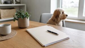 Juridiske dokumenter og en kuglepen til en artikel om Købsaftale hund.