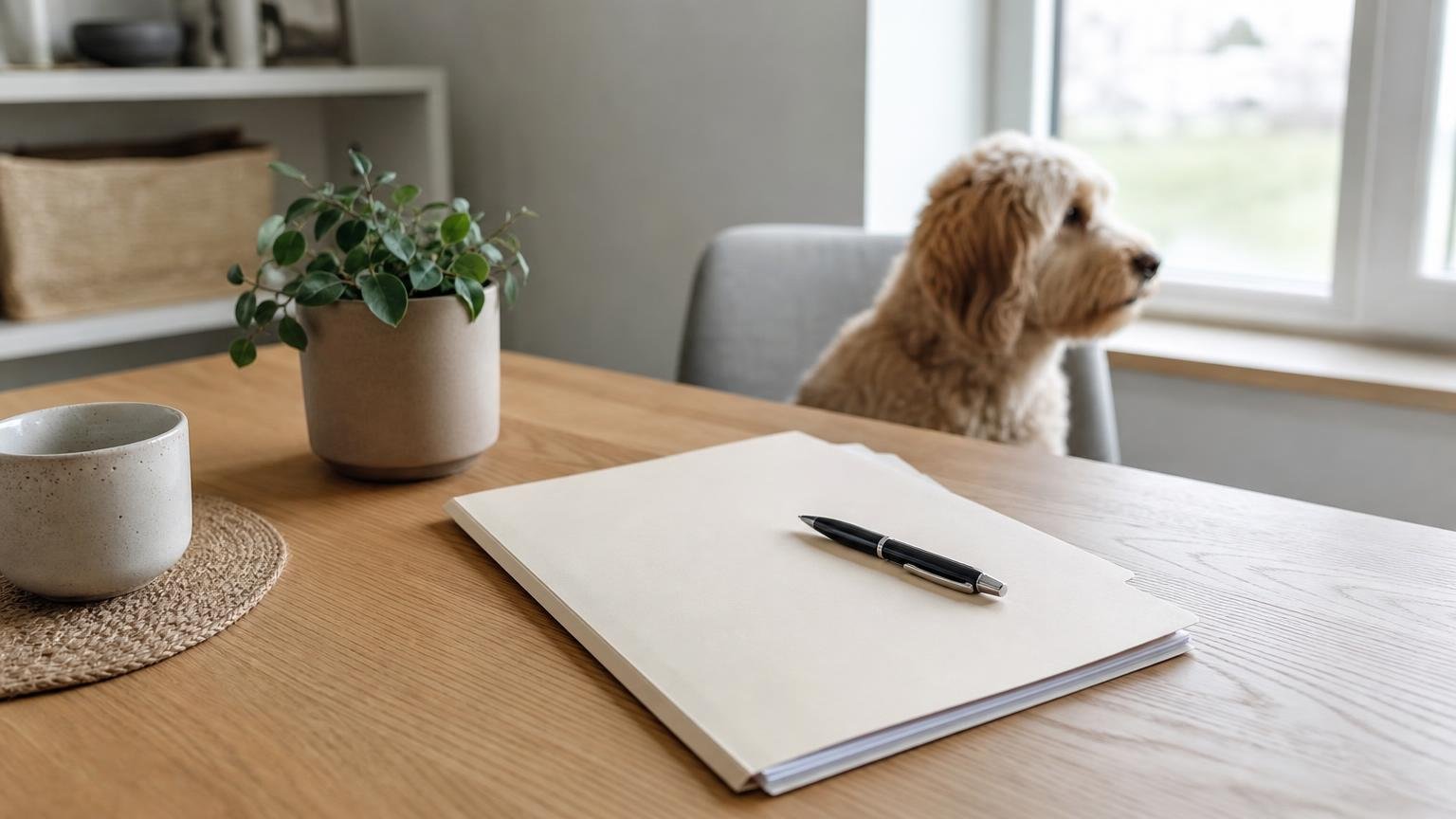 Juridiske dokumenter og en kuglepen til en artikel om Købsaftale hund.